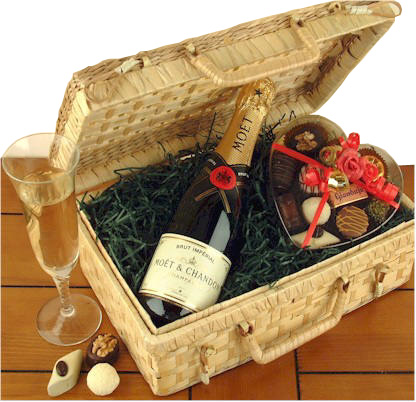 Romantic gift basket... a palm leaf  case style basket opens to reveal the perfect combination for