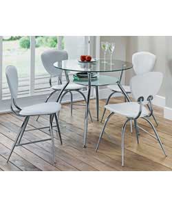 Glass and Chrome Table and 4 White Chairs