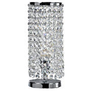 This table lamp has a cylinder frame with a quality chrome finish.  The faceted glass beads add a to