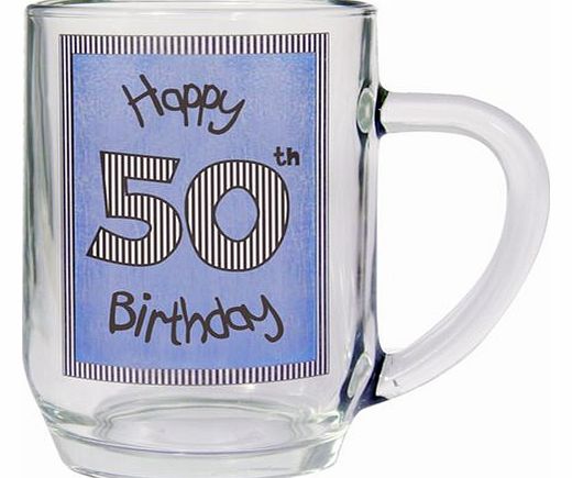 50th Birthday Glass Tankard This Birthday Tankard has Happy 50th Birthday printed as standard in a blue box. It is made of glass and measures around 13 cm x 14 cm x 9.3 cm. it can take between 3 and 5 working days to create your gift before being pos