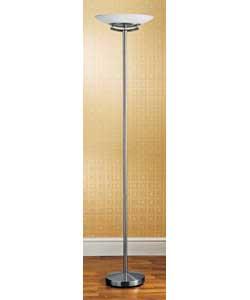 Satin nickel finish with glass shade.Dimmer switch. Height 178cm.Shade diameter 39.5cm.Requires 1 x
