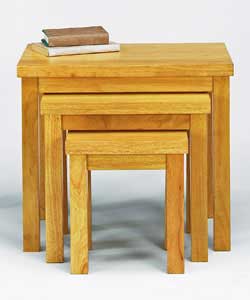 Size of largest table (L)53, (W)35, (H)46.5cm.Finished in oak stained rubberwood.Weight 12.95kg.Mini