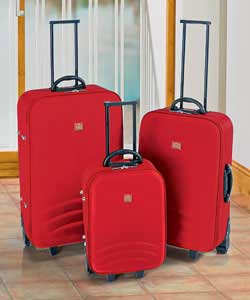 3 trolley cases.Colour red.Material soft polyester.Security/clothes retaining straps.Combination loc