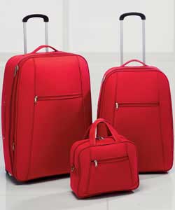 Trolley cases and flight bag.Red.Polyester.Soft EVA.Elasticated packing straps.2 corner wheels.Retra