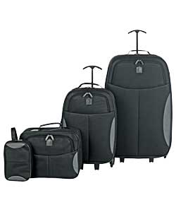 Comprises of 2 trolley cases, flight bag and wash bag.Polyester.26in trolley case.1 pocket inside li