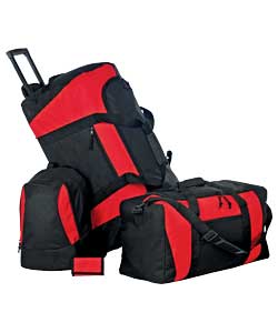Comprises Trolley Holdall, Travel Bag, Backpack and Wallet.Red and black.600D polyester.Trolley Hold