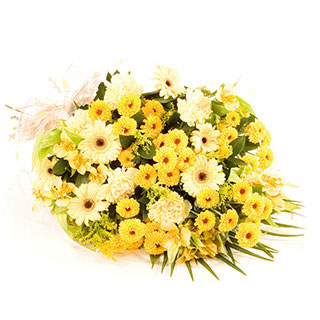 Traditional bouquet of yellow germini xanth solidago with cream carnations and alstro with hard rusc