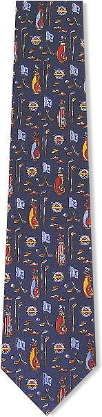A navy tie with golf equipment all over, including golf bags, tees, shoes, irons and golf caps.