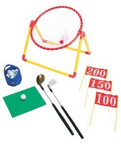 Includes 22 plastic golf balls, 1 golf bag, 3 yardage markers, deluxe drivers, chipping basket, 2