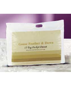 85% goose feather/15% goose down. 35% cotton/65% p
