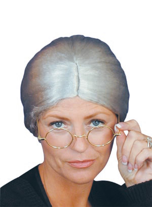 Silver grey granny wig with bun at the back. Bun can be let down into a pony tail for a different st