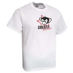 This white Grease Monkee T-shirt features a screenprinted logo on the chest.