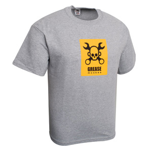 This grey T-shirt features a bold Grease Monkey image screenprinted on the chest.