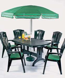 Table size (L)150cm. 6 high back stacking armchairs. Includes parasol and seat cushions. Adjustable