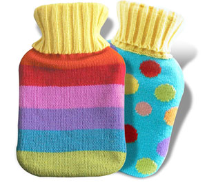 Small  but very stylish hot bot`s with colourful woolly jumper-style covers. This groovy option may 