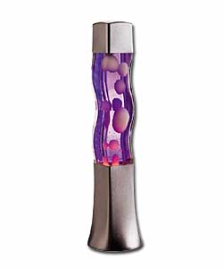 Silver effect plastic base and cap with a wavy shaped glass bottle.White liquid and lilac