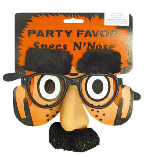 Black plastic glasses frames with fake fur eyebrows and moustache plus a rubbery nose