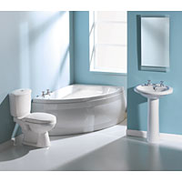 1500 x 1000mm bath. Suite includes: Offset, acrylic, 2-taphole corner bath with offset, acrylic