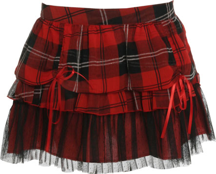 Multi layered tartan check rara skirt with ruching detail. 100 polyester. Length 38cm.