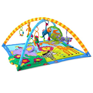 Award-winning interactive playmat with a lights and music touch-pad and a large mirror. There are 6 