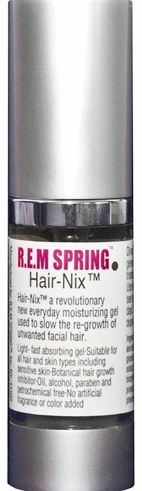 R.E.M. Spring Hair-Nix. A revolutionary new gel to inhibit facial hair growth!. Not tested on animals, colour and fragrance free.. Results within 28 days!. Light and fast-absorbing.