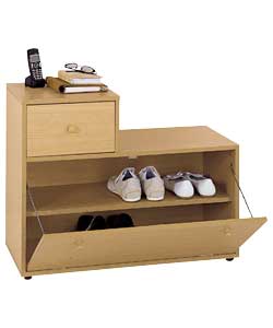 Single drawer and internal shelf.Freestanding, 1 fixed shelf and hinged front door to shoe storage a