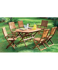 Outdoor furniture made from FSC certified eucalyptus.Oval shaped table.4 folding chairs and 2 foldin