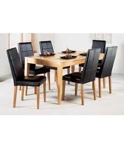 Natural oak veneer and rubberwood legs. Chairs have leather seats and backs. Size of chairs (H)96,