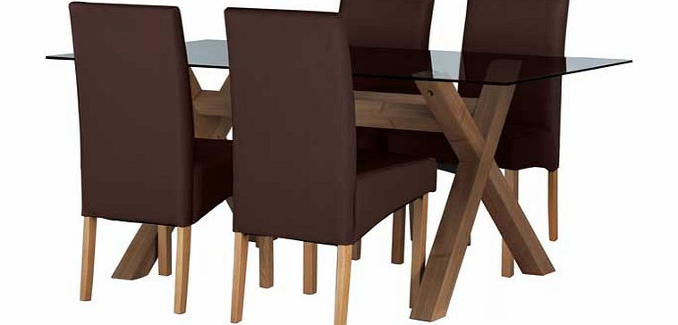 Part of the Hartley collection. Table: Size H75. L160. W90cm. Glass table. Wooden legs. Chairs: 4 chairs. Size of each chair H95. W44. D55cm. Rubberwood frame. Rubberwood legs. Leather effect seat pads and back rest. Oak stain finish. General feature