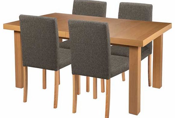 Bring some subtle colour to your dining room with this dining set from the Hayden collection. The oak effect table has an integral extension that adds 45cm to the length and the 4 solid wood chairs are upholstered in charcoal fabric. This Hayden dini