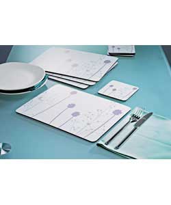 6 place settings with 2 large serving mats. Heat resistant up to 90C. Laminated surfaces for a quick