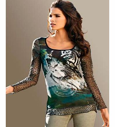 Our chiffon top with a striking tigers face and animal print makes a bold style statement. With plain black back. its a totally unique piece to update your look.Heine Top Features: Washable Polyester Sleeves: Polyamide Back: 94% Viscose, 6% Elastane 