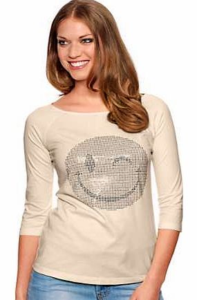 Playful long sleeve jersey top with cheeky winking smiling face in rhinestones. Heine Top Features: Washable 100% Cotton Length approx. 64 cm (25 ins)