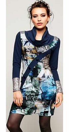 Print detailed dress with a cowl neckline and long sleeves. Featuring sequins on the shoulders and cuffs and button detail on the front. Heine Dress Features: Washable 96% Viscose, 4% Elastane Plain section: 95% Cotton, 5% Elastane Sequins: 100% Poly