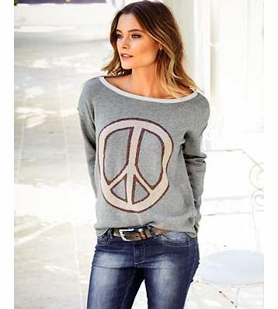 Cotton mix jumper with dropped shoulders and peace motif on the front.Heine Jumper Features: Washable 53% Viscose, 45% Cotton, 2% Metallic fibres Length approx. 64 cm (25 ins)