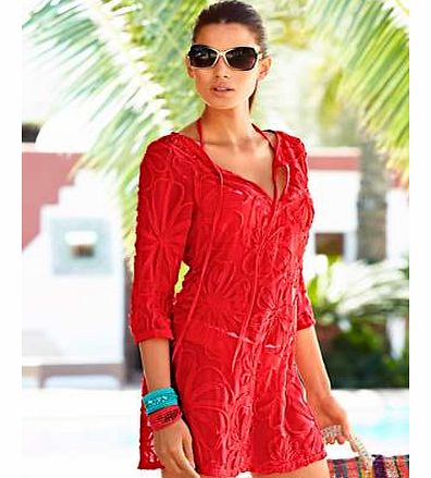 Whether youre at the pool bar or on your way down to the beach, this tunic is a gorgeous cover-up. Just add trousers or smart jeans for a holiday evening look. Beautiful all-over flower appliqué, tie at the neckline and 2 side vents. Slightly transp