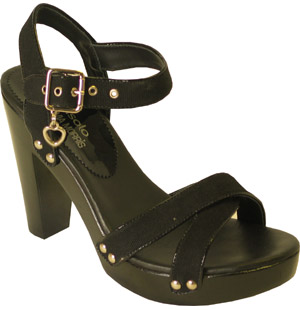 Canvas strappy sandal with high heel and platform. The Helene shoe features buckled ankle strap with