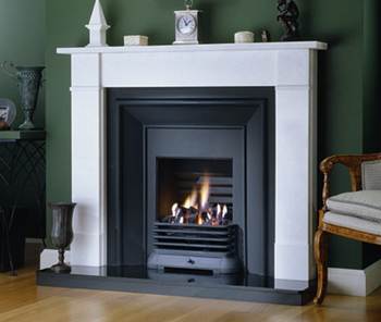 Venetian white marble surround
Cast iron back panel
Gas tray fire
Black granite hearth
Requires