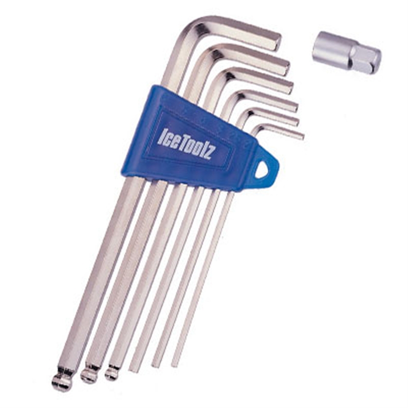 2 x 2.5 x 3 x 4 x 5 x 6 x 8mm hex key set, hardened Cr-V steel.  4 x 5 x 6 mm with ball ended