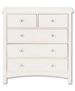Solid pine (except backs and drawer bases) in a white finish. Metal handles.5 drawers with metal