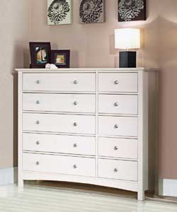 Solid pine (except back and drawer bases) in a white colour finish. Metal handles. 10 drawers with