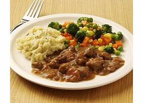 Juicy pieces of lamb in a rich, fruity sauce. Served with rosemary and thyme mashed potato, and a colourful mix of carrots, sweetcorn, peas and broccoli.