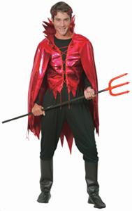 Red shimmer cape, lace up waistcoat and black trousers. Add other devilish accessories from our horr