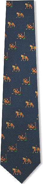 A lovely horse tie with show jumping scenes all over on a fine navy and blue check design.