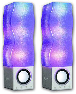 i-Lite speaker system has portable stereo speakers with a sound responsive light show. It