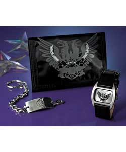 Silver coloured dial.Black PU strap.Black nylon wallet with eagle design on front.  Velcro fastening