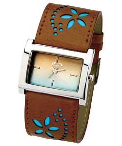 Graduated coloured dial.Brown strap with aqua flower design.Silver case.Gift boxed.
