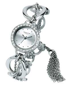 Silver coloured sunray dial.Stone set round case.Open links with multi chains and tassel detail.Gift
