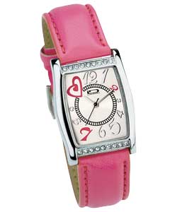Silver dial and case.Pink strap.Clear stones on case.Gift boxed.