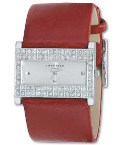 Silver colour sunray dial with stone set case.Rich red leather wide strap with textured buckle
